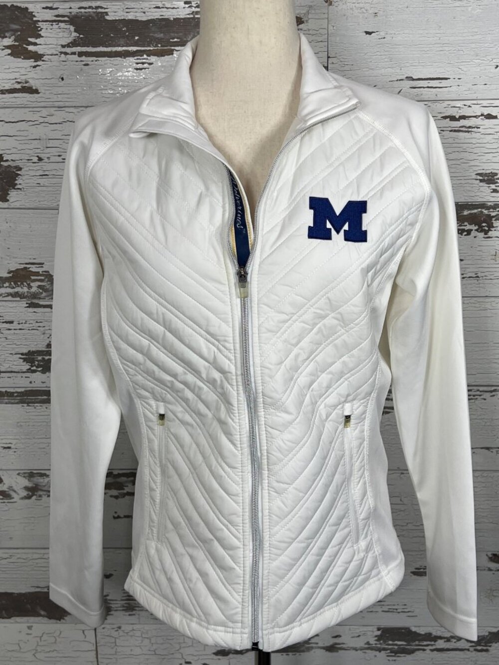 LEVELWEAR Women's Quilted Michigan Wolverines Logo Zip Jacket White Sz M EUC